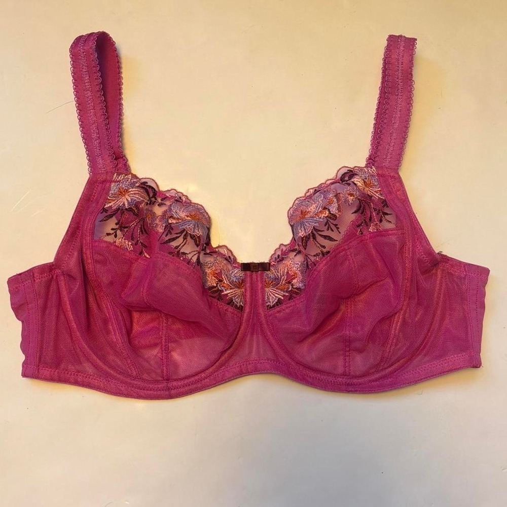 Paramour Vintage 90s Pink Lace Underwire Mesh Bra 38D Floral Retro Lingerie
